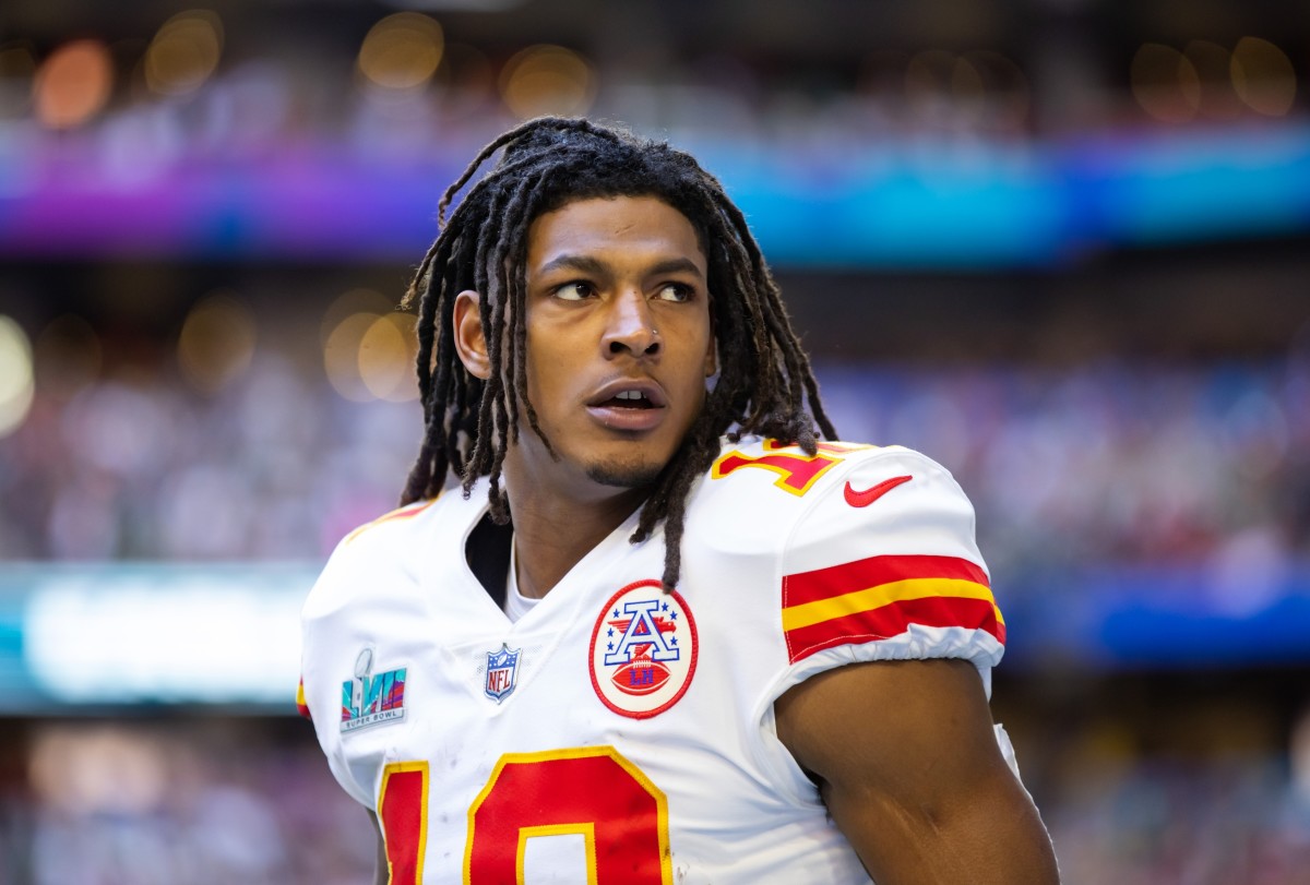 Feb 12, 2023; Glendale, Arizona, US; Kansas City Chiefs running back Isiah Pacheco (10) against the Philadelphia Eagles during Super Bowl LVII at State Farm Stadium. Mandatory Credit: Mark J. Rebilas-USA TODAY Sports